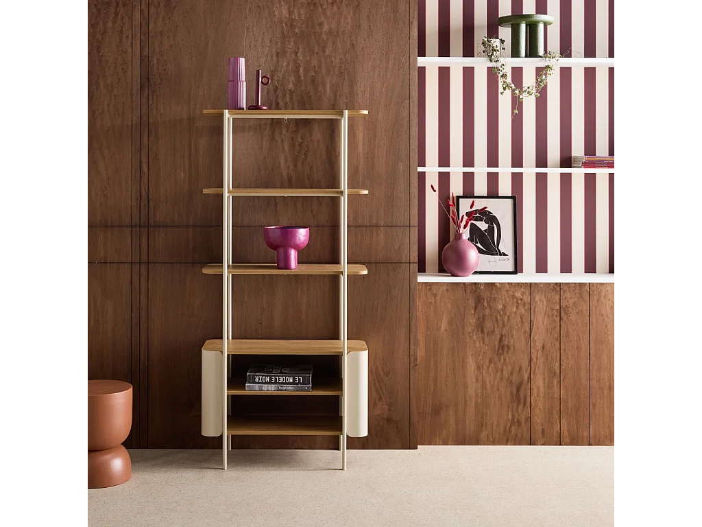 Etagère bibliothèque métal courbé et décor bois 6 niveaux beige - Molto