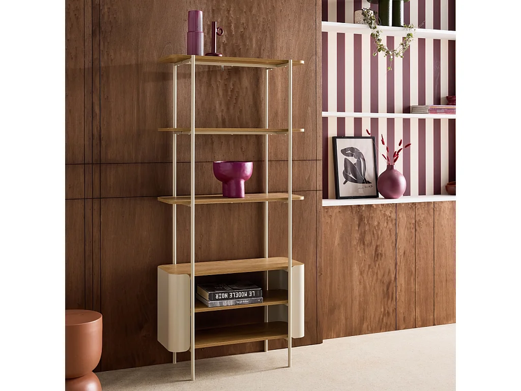 Etagère bibliothèque métal courbé et décor bois 6 niveaux beige - Molto