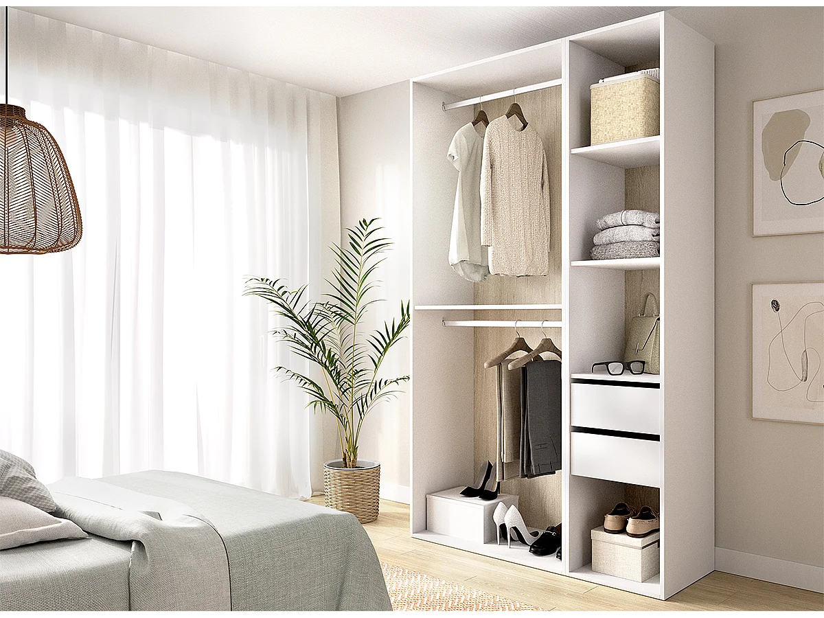 Armoire dressing ouverte avec fond réversible, penderie avec 2 tringles,2 tiroirs et 4 étagères, coloris blanc/naturel
