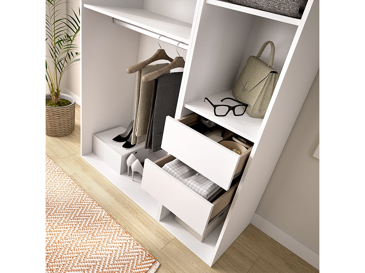 Armoire dressing ouverte avec fond réversible, penderie avec 2 tringles,2 tiroirs et 4 étagères, coloris blanc/naturel