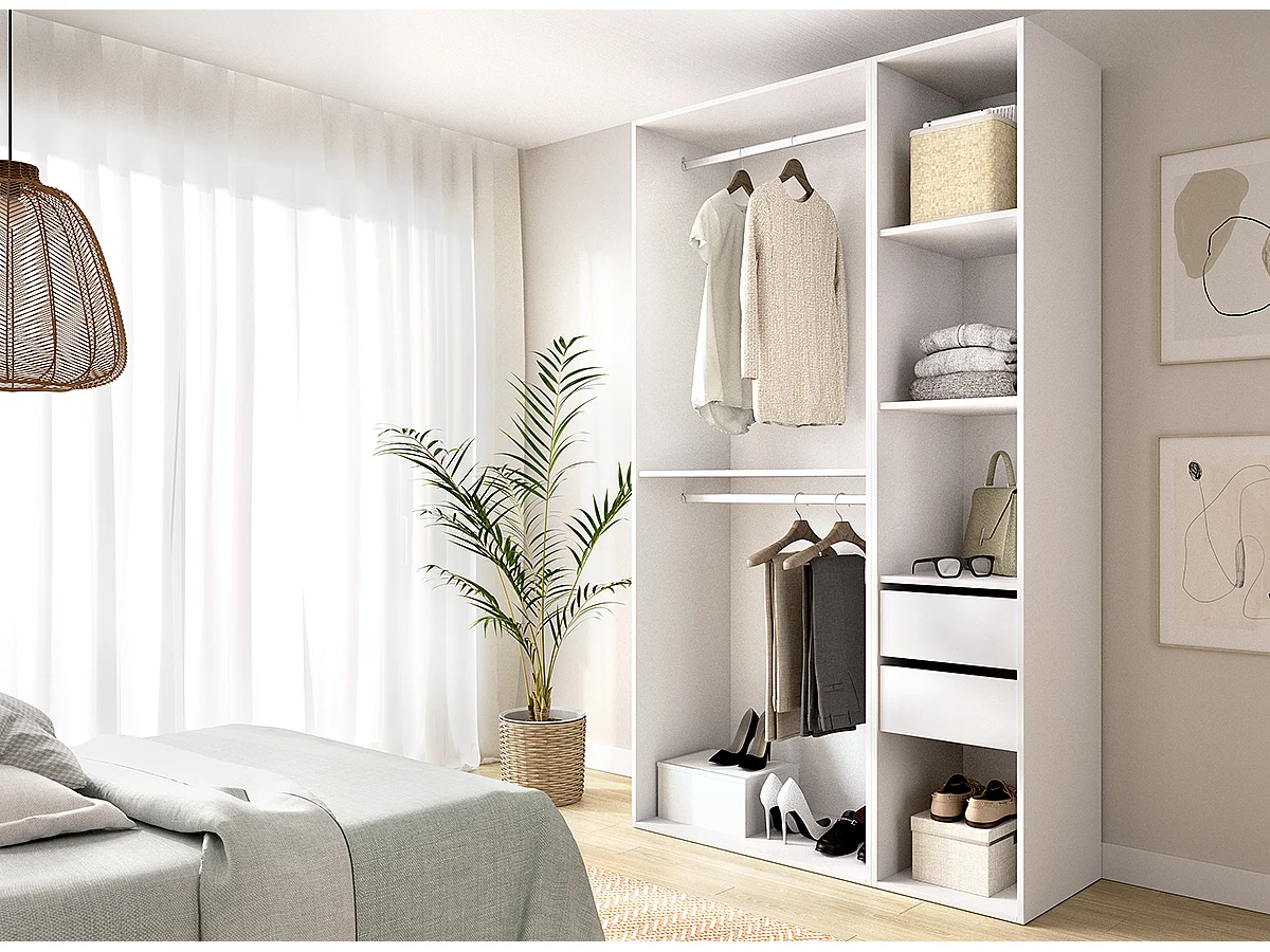 Armoire dressing ouverte avec fond réversible, penderie avec 2 tringles,2 tiroirs et 4 étagères, coloris blanc/naturel