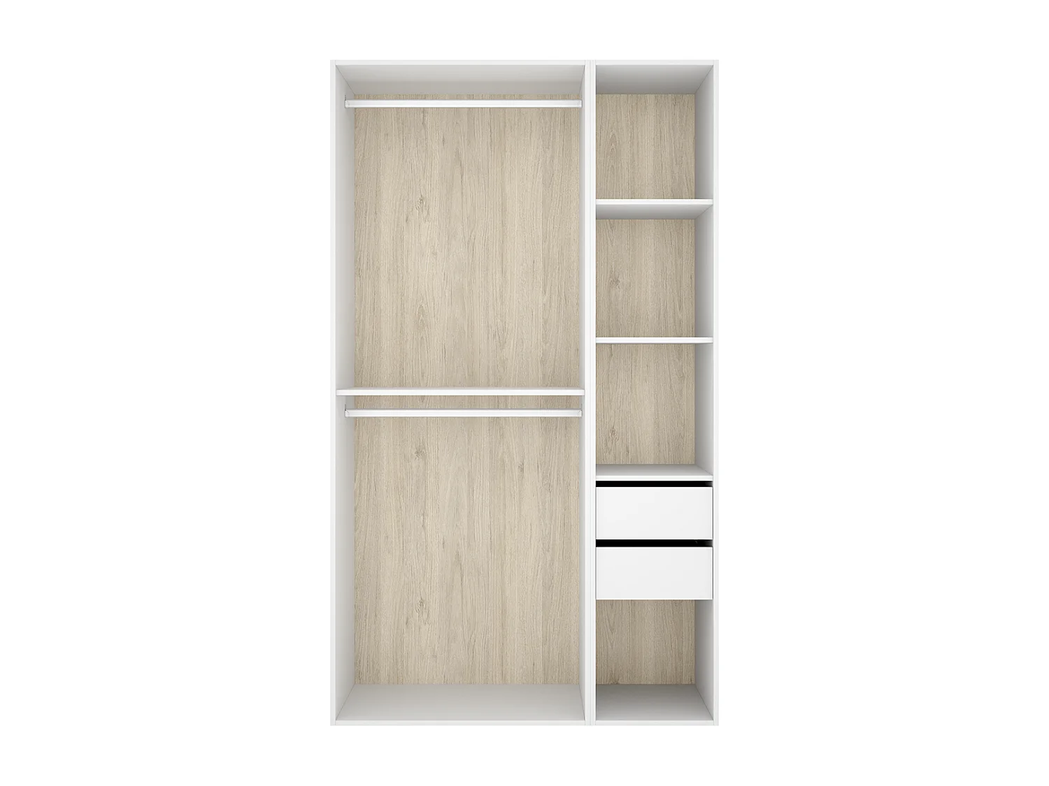 Armoire dressing ouverte avec fond réversible, penderie avec 2 tringles,2 tiroirs et 4 étagères, coloris blanc/naturel