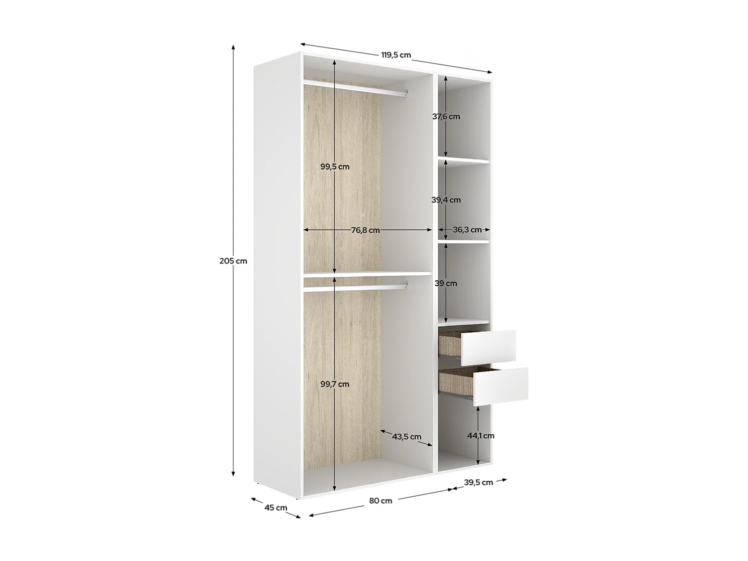 Armoire dressing ouverte avec fond réversible, penderie avec 2 tringles,2 tiroirs et 4 étagères, coloris blanc/naturel