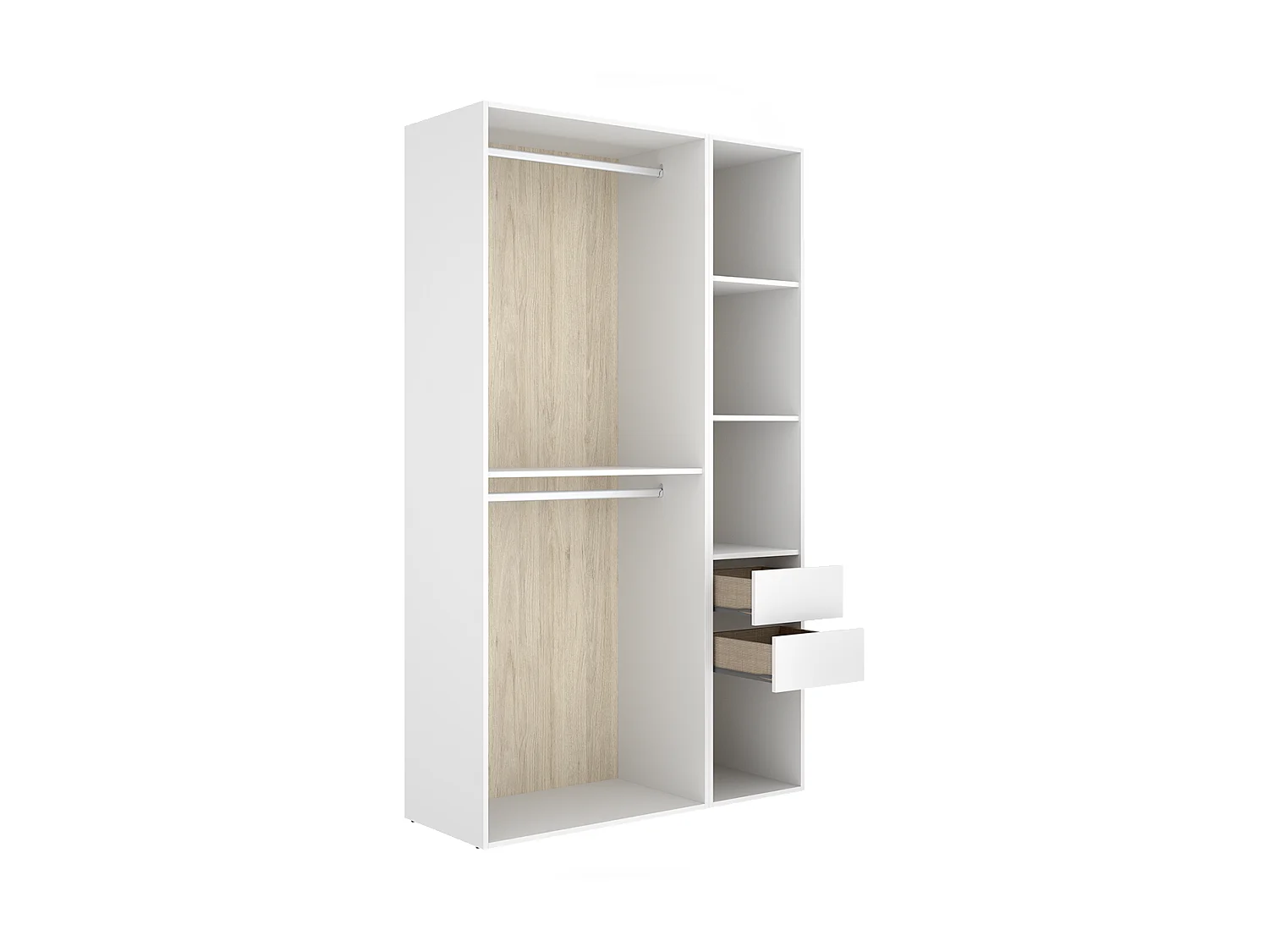 Armoire dressing ouverte avec fond réversible, penderie avec 2 tringles,2 tiroirs et 4 étagères, coloris blanc/naturel
