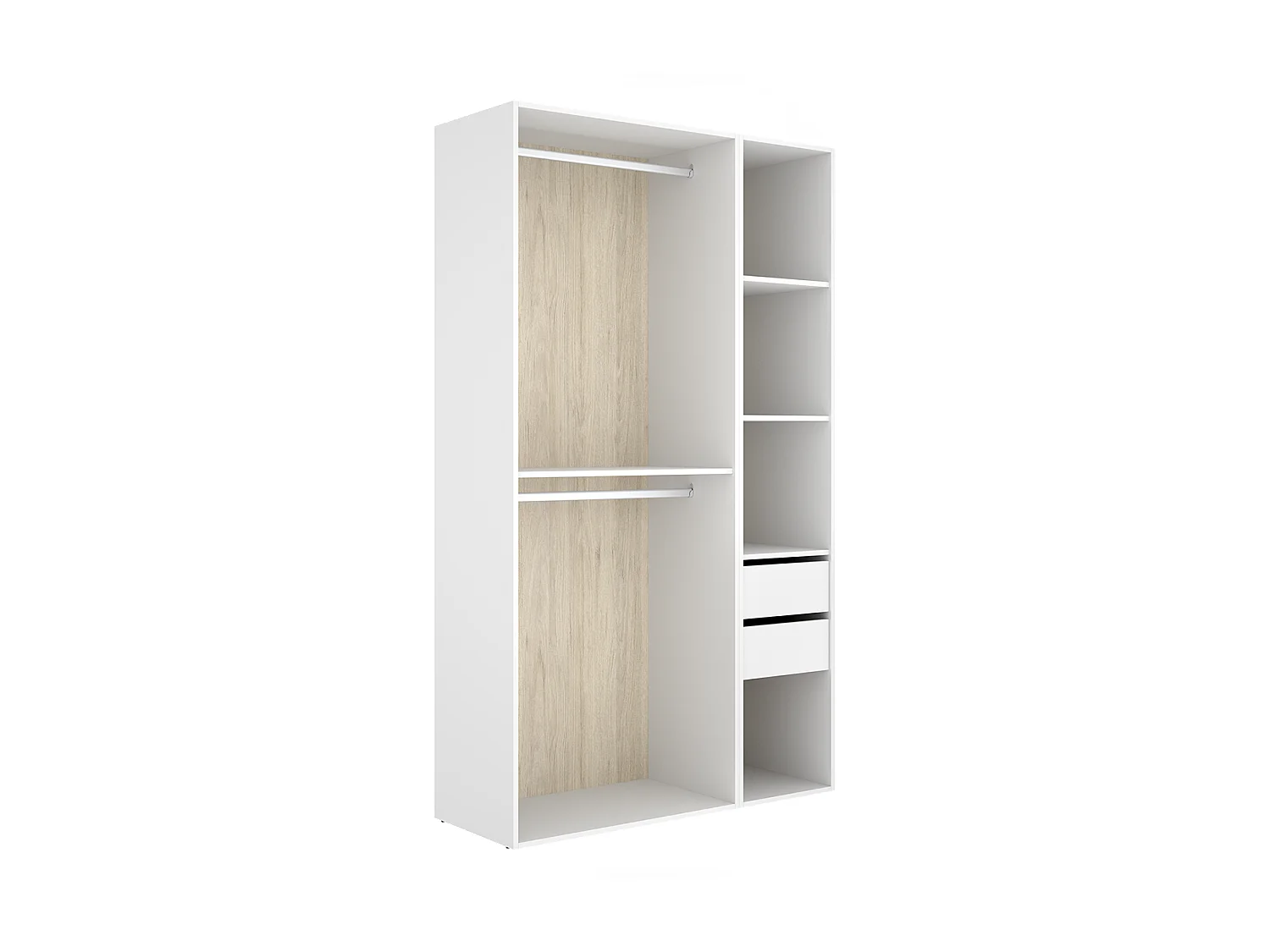 Armoire dressing ouverte avec fond réversible, penderie avec 2 tringles,2 tiroirs et 4 étagères, coloris blanc/naturel