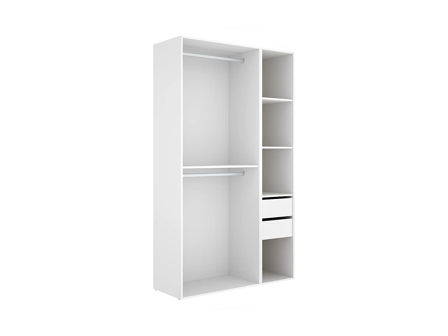 Armoire dressing ouverte avec fond réversible, penderie avec 2 tringles,2 tiroirs et 4 étagères, coloris blanc/naturel