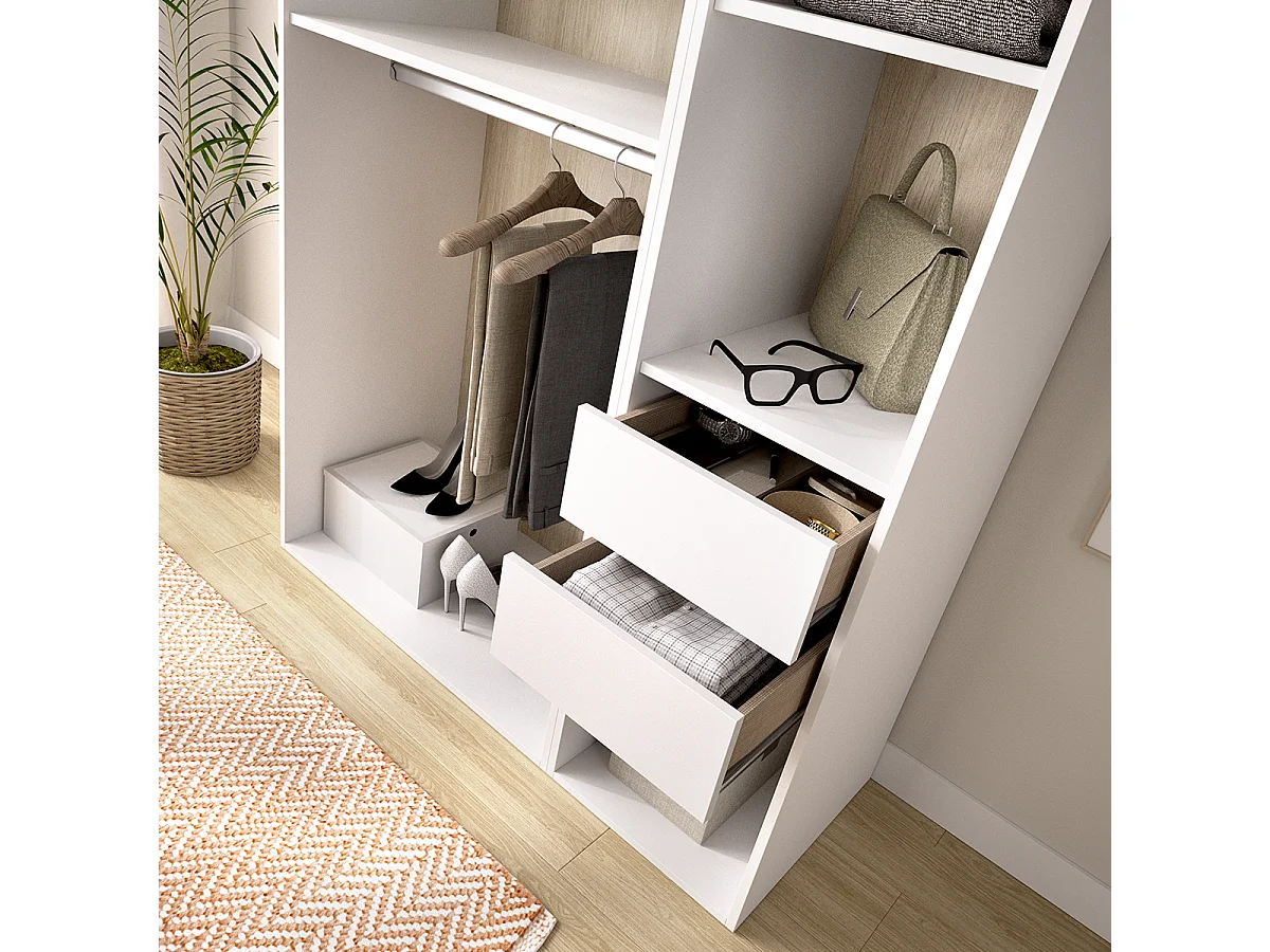 Armoire dressing ouverte avec fond réversible, penderie avec 2 tringles,2 tiroirs et 4 étagères, coloris blanc/naturel