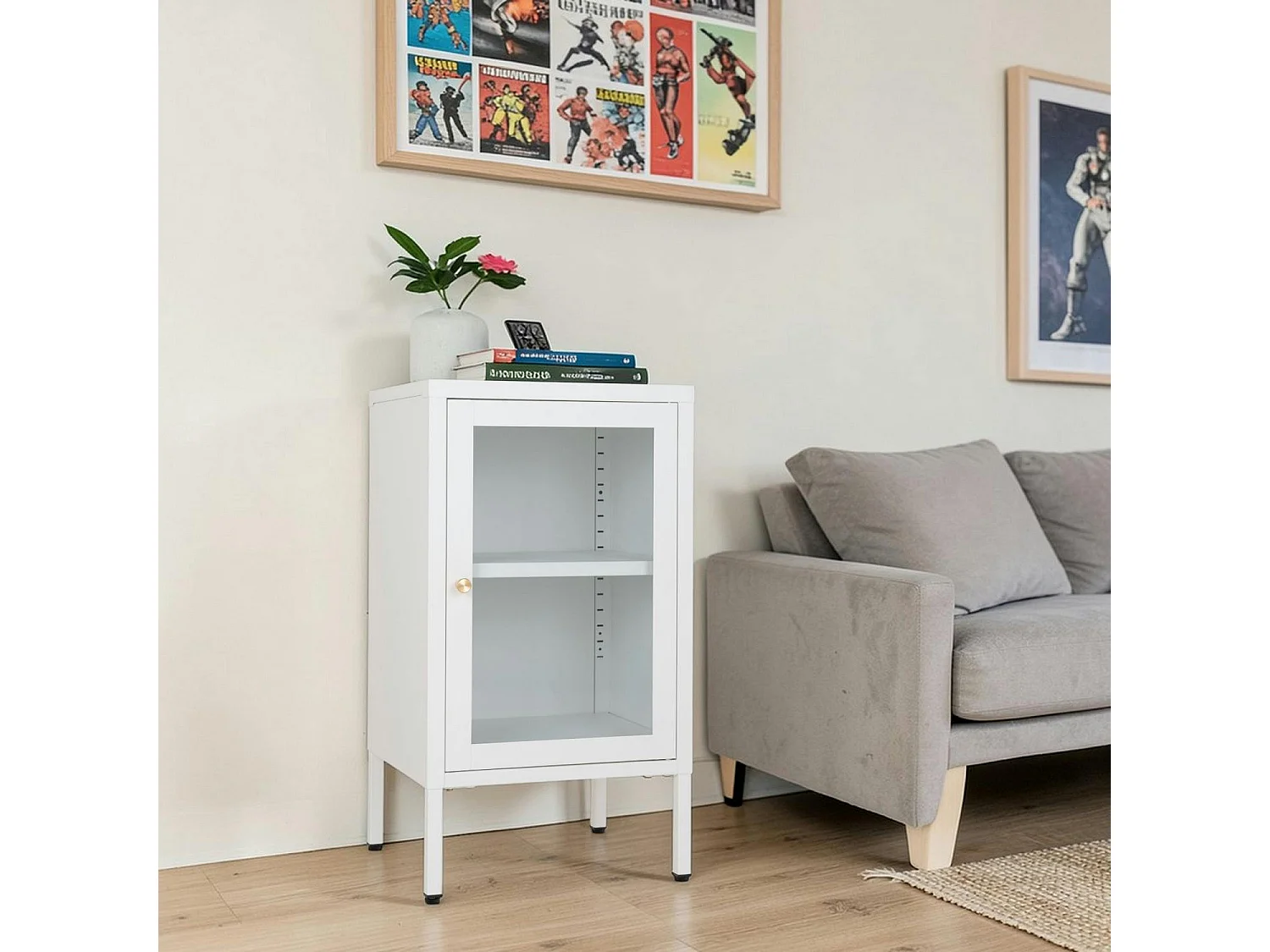 Petit meuble de rangement en métal blanc 1 porte vitrée ODENSE