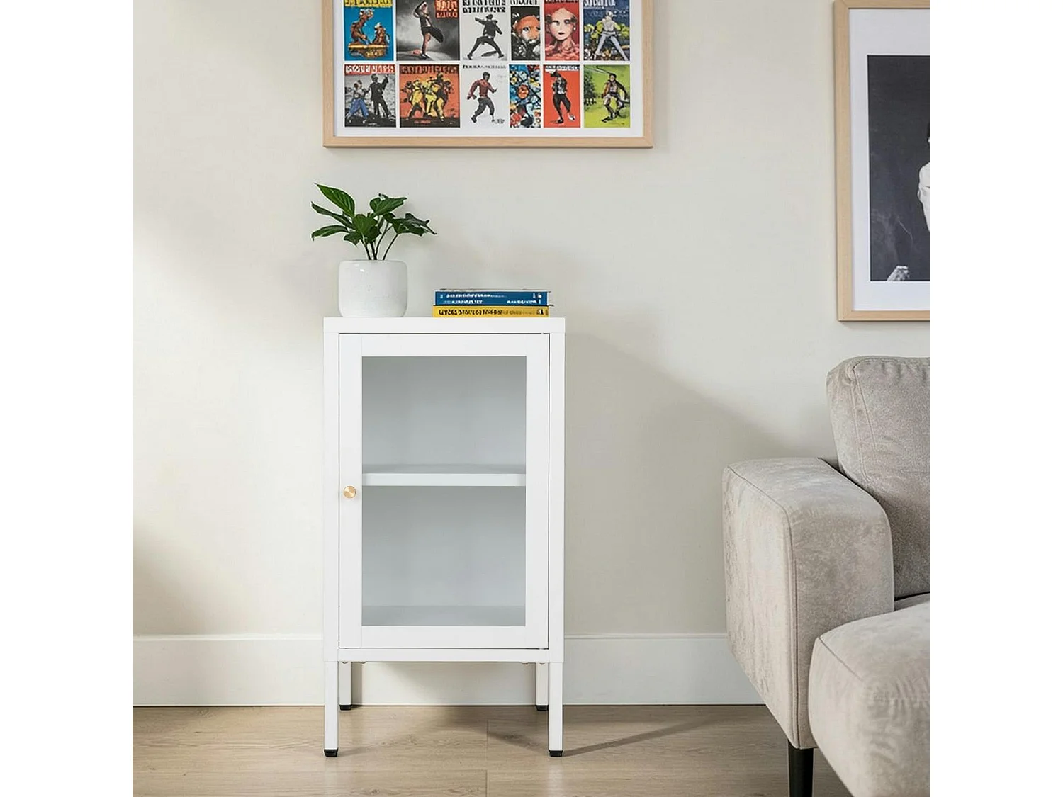 Petit meuble de rangement en métal blanc 1 porte vitrée ODENSE