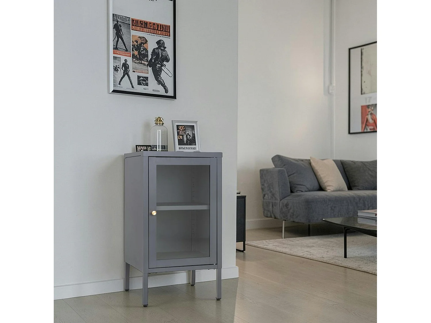 Petit meuble de rangement en métal gris 1 porte vitrée ODENSE