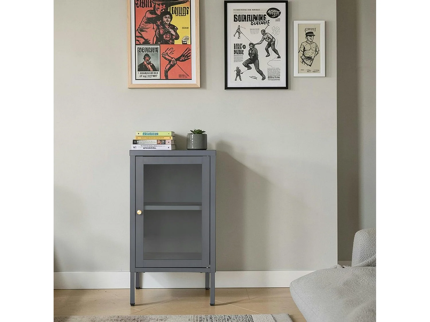 Petit meuble de rangement en métal gris 1 porte vitrée ODENSE