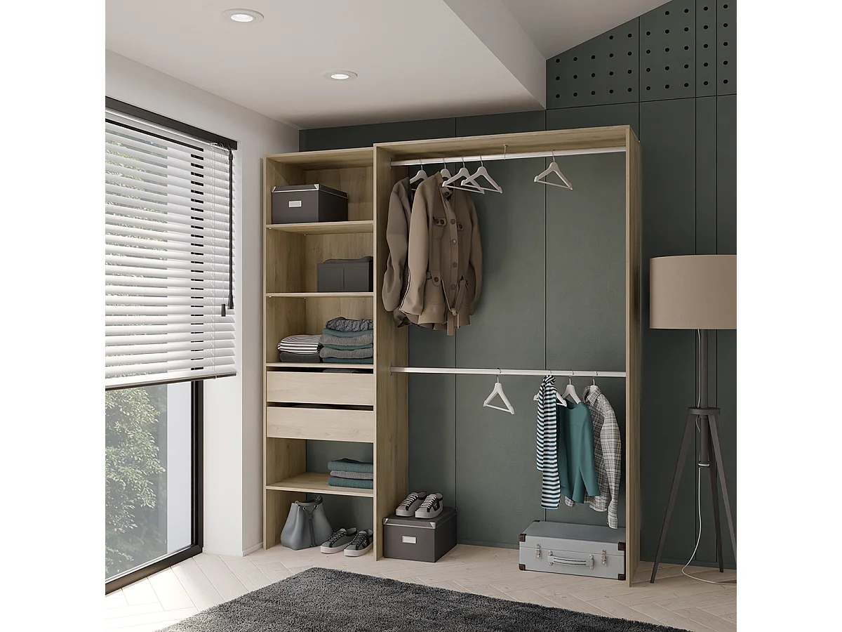 Armoire dressing avec 2 penderies, 4 étagères et 2 tiroirs couleur chêne - Largeur 184,5 x Profondeur 44,1 x Hauteur 204,5 cm