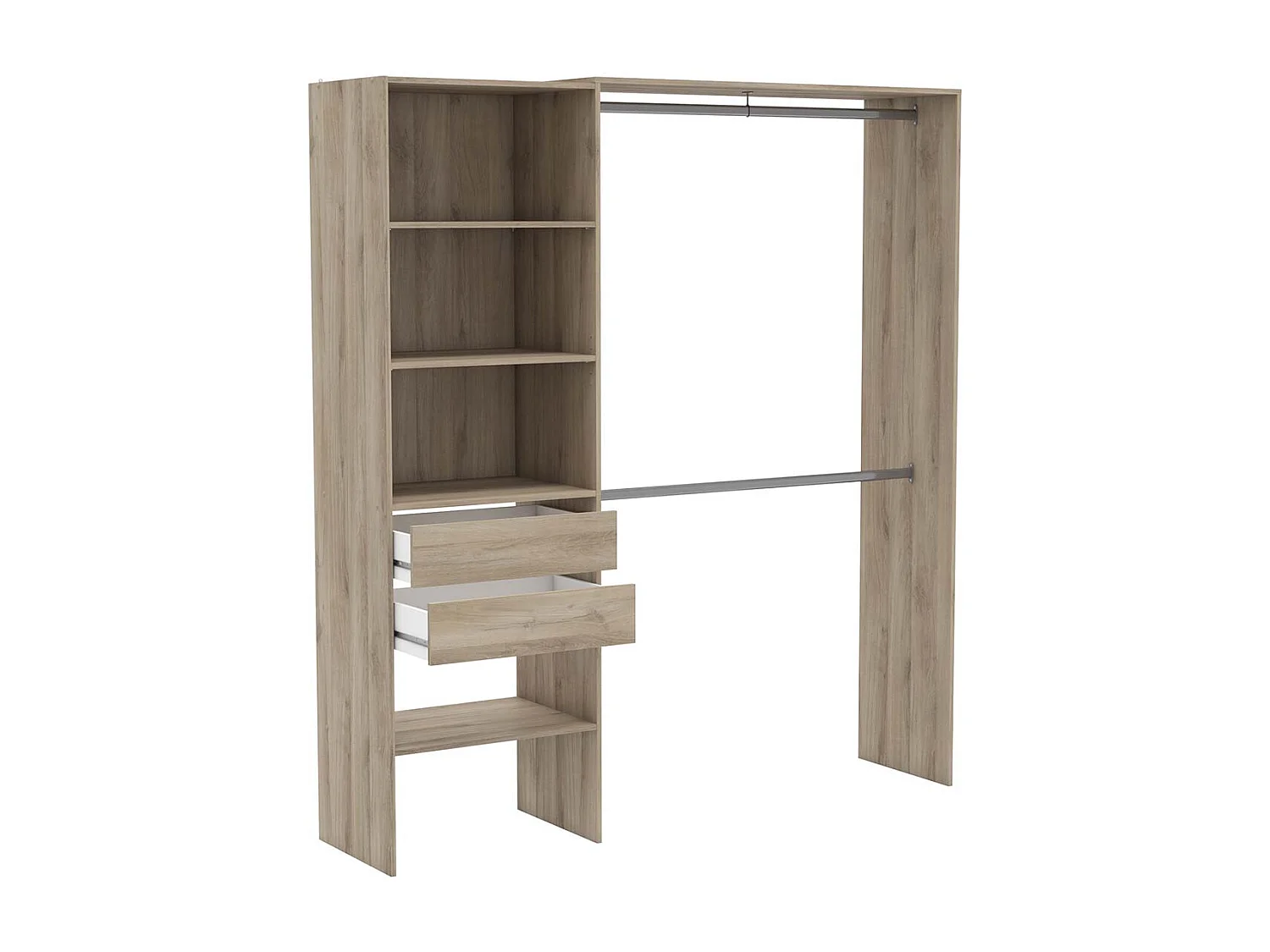 Armoire dressing avec 2 penderies, 4 étagères et 2 tiroirs couleur chêne - Largeur 184,5 x Profondeur 44,1 x Hauteur 204,5 cm