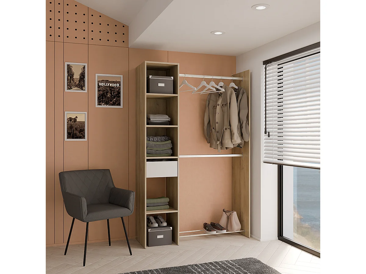 Armoire dressing avec 2 penderies, 4 étagères et 1 tiroir couleur chêne - Largeur 118 x Profondeur 39,5 x Hauteur 183 cm