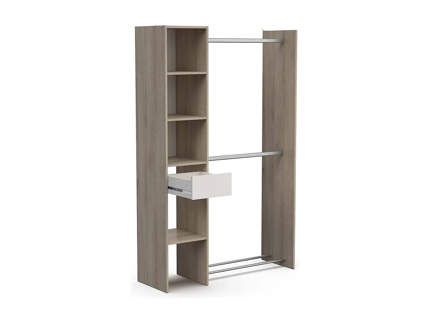 Armoire dressing avec 2 penderies, 4 étagères et 1 tiroir couleur chêne - Largeur 118 x Profondeur 39,5 x Hauteur 183 cm