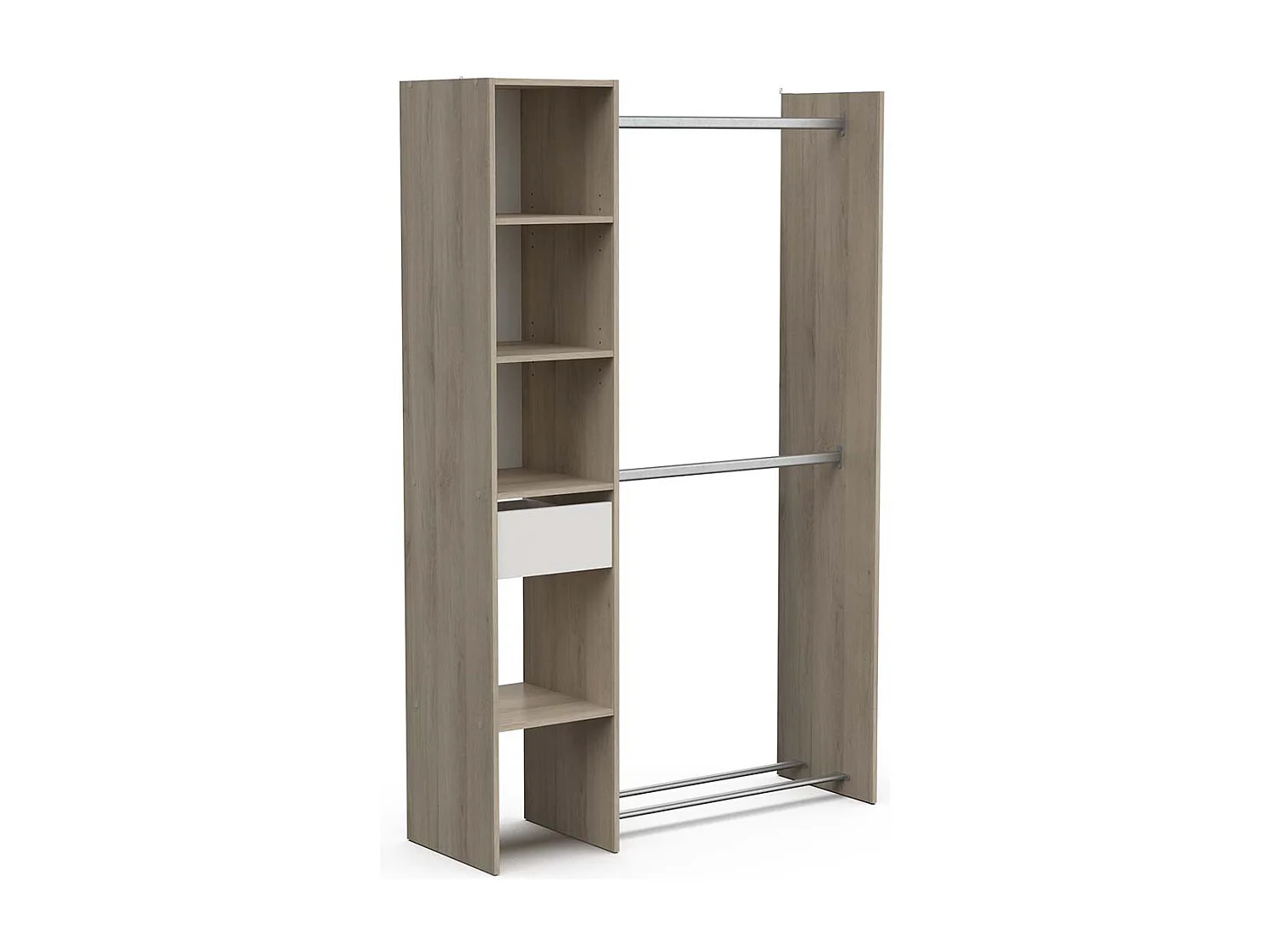 Armoire dressing avec 2 penderies, 4 étagères et 1 tiroir couleur chêne - Largeur 118 x Profondeur 39,5 x Hauteur 183 cm