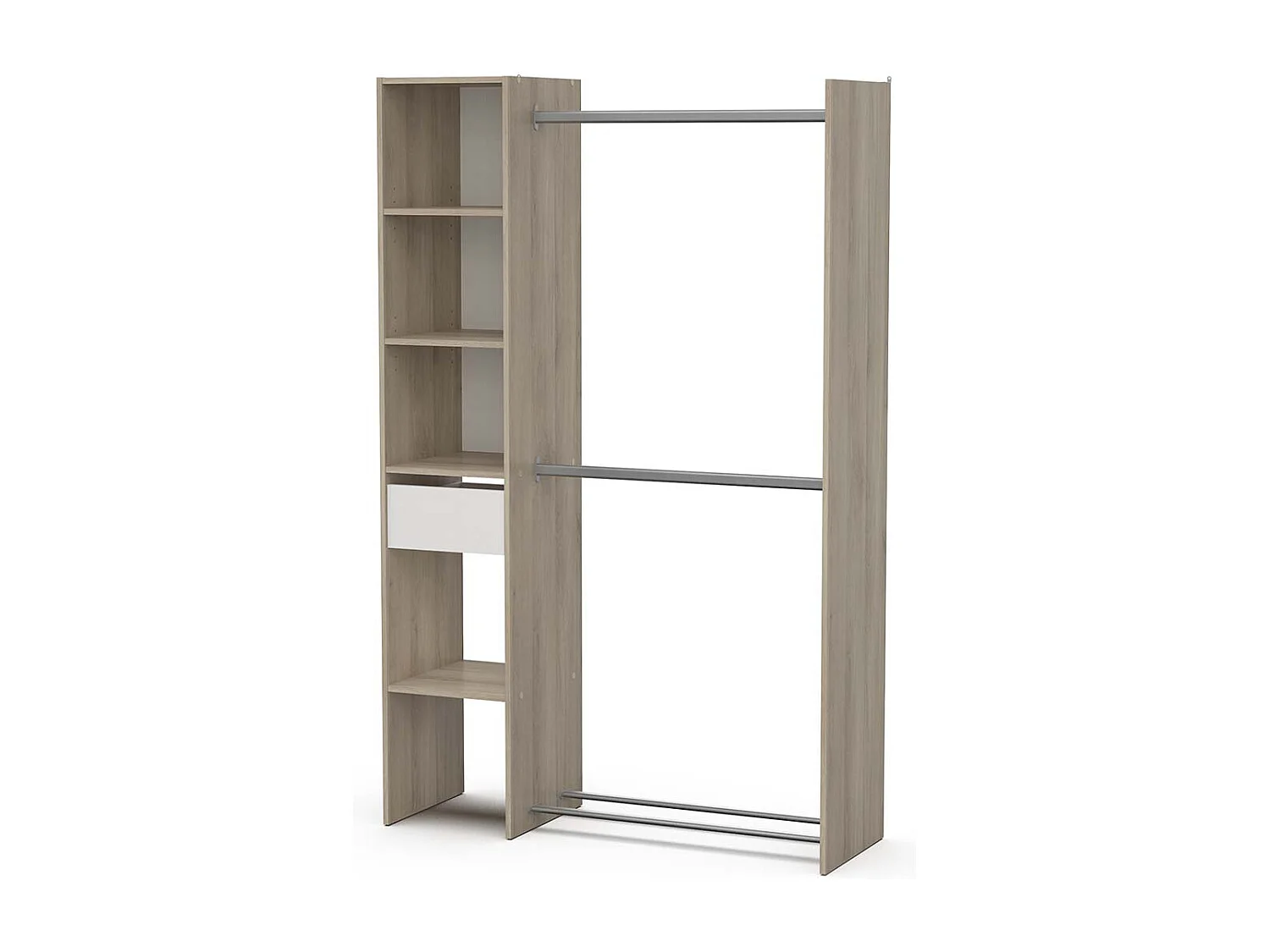 Armoire dressing avec 2 penderies, 4 étagères et 1 tiroir couleur chêne - Largeur 118 x Profondeur 39,5 x Hauteur 183 cm