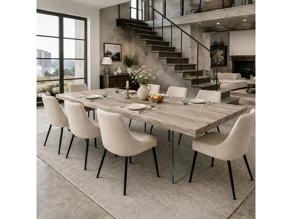 Table extensible chêne grisé bords naturels pieds verre 220 cm PALERME