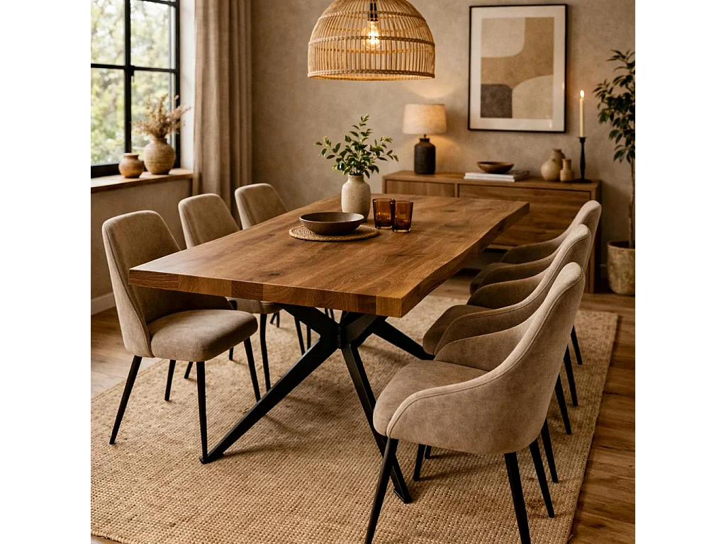 Table extensible chêne brun bords naturels pied graphique 180 cm PALERME