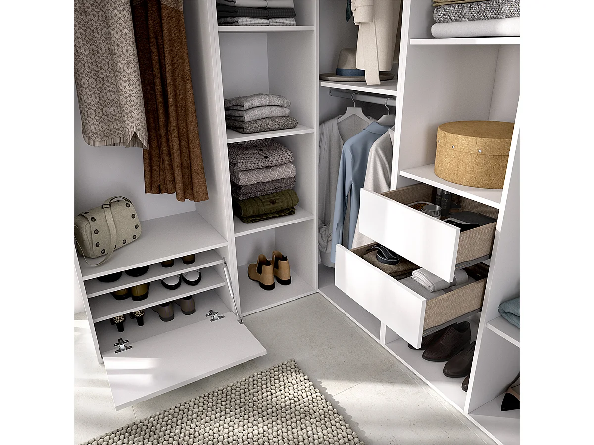 Armoire d’angle dressing ouverte avec 3 penderies, 2 tiroirs, porte chaussure intégrée et étagères de rangement