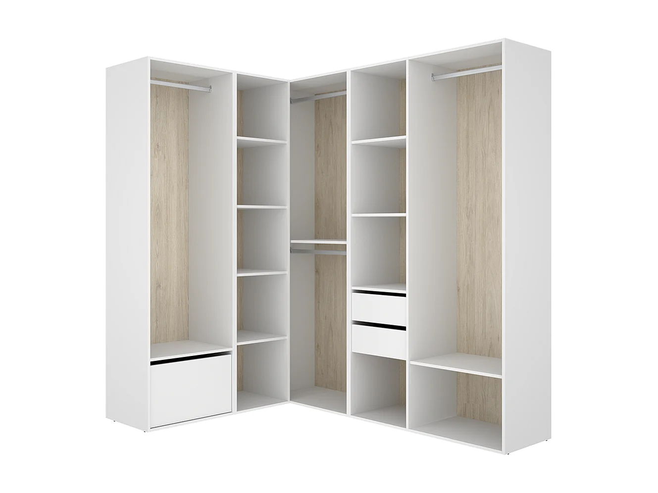 Armoire d’angle dressing ouverte avec 3 penderies, 2 tiroirs, porte chaussure intégrée et étagères de rangement