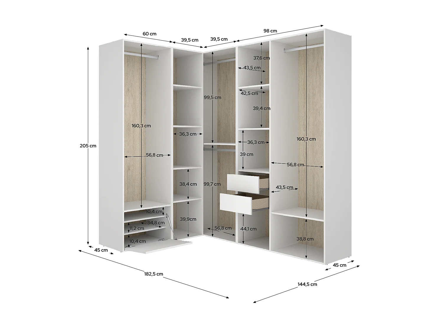 Armoire d’angle dressing ouverte avec 3 penderies, 2 tiroirs, porte chaussure intégrée et étagères de rangement
