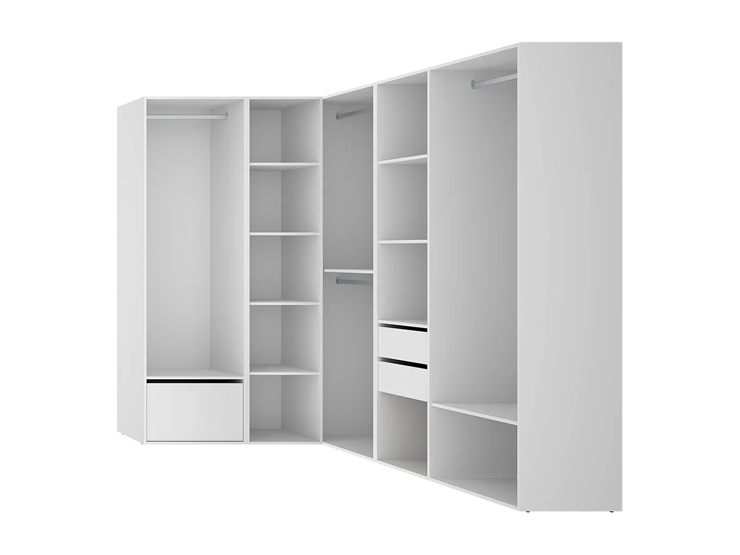 Armoire d’angle dressing ouverte avec 3 penderies, 2 tiroirs, porte chaussure intégrée et étagères de rangement
