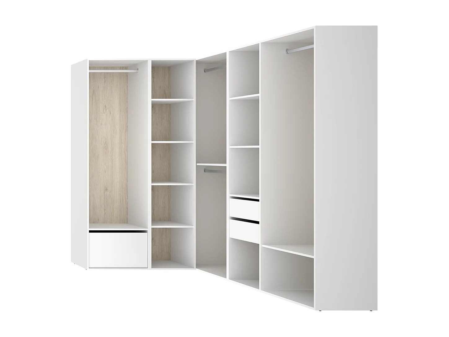 Armoire d’angle dressing ouverte avec 3 penderies, 2 tiroirs, porte chaussure intégrée et étagères de rangement