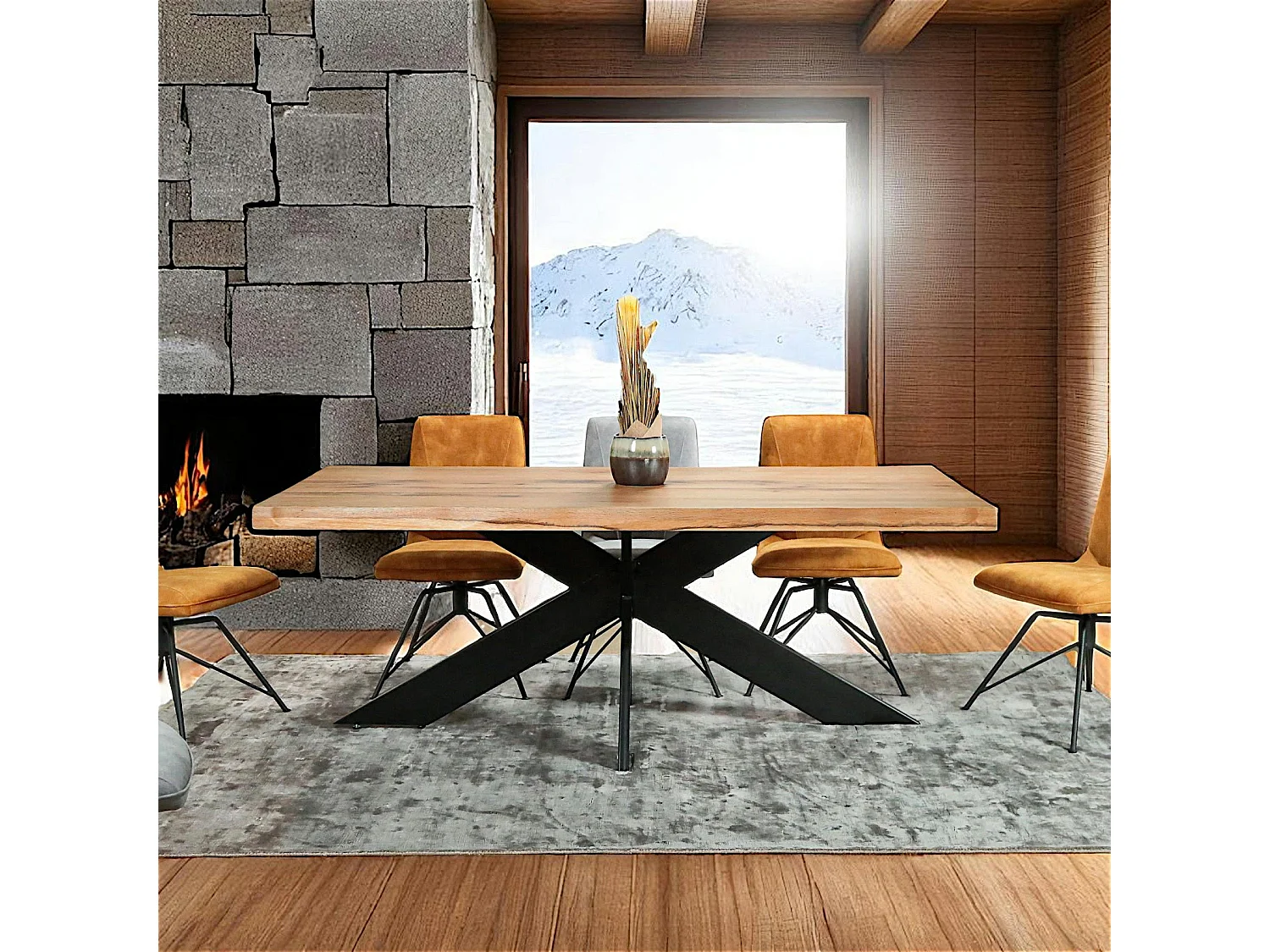 Table extensible chêne huilé bords naturels pied noir fin 220 cm PALERME