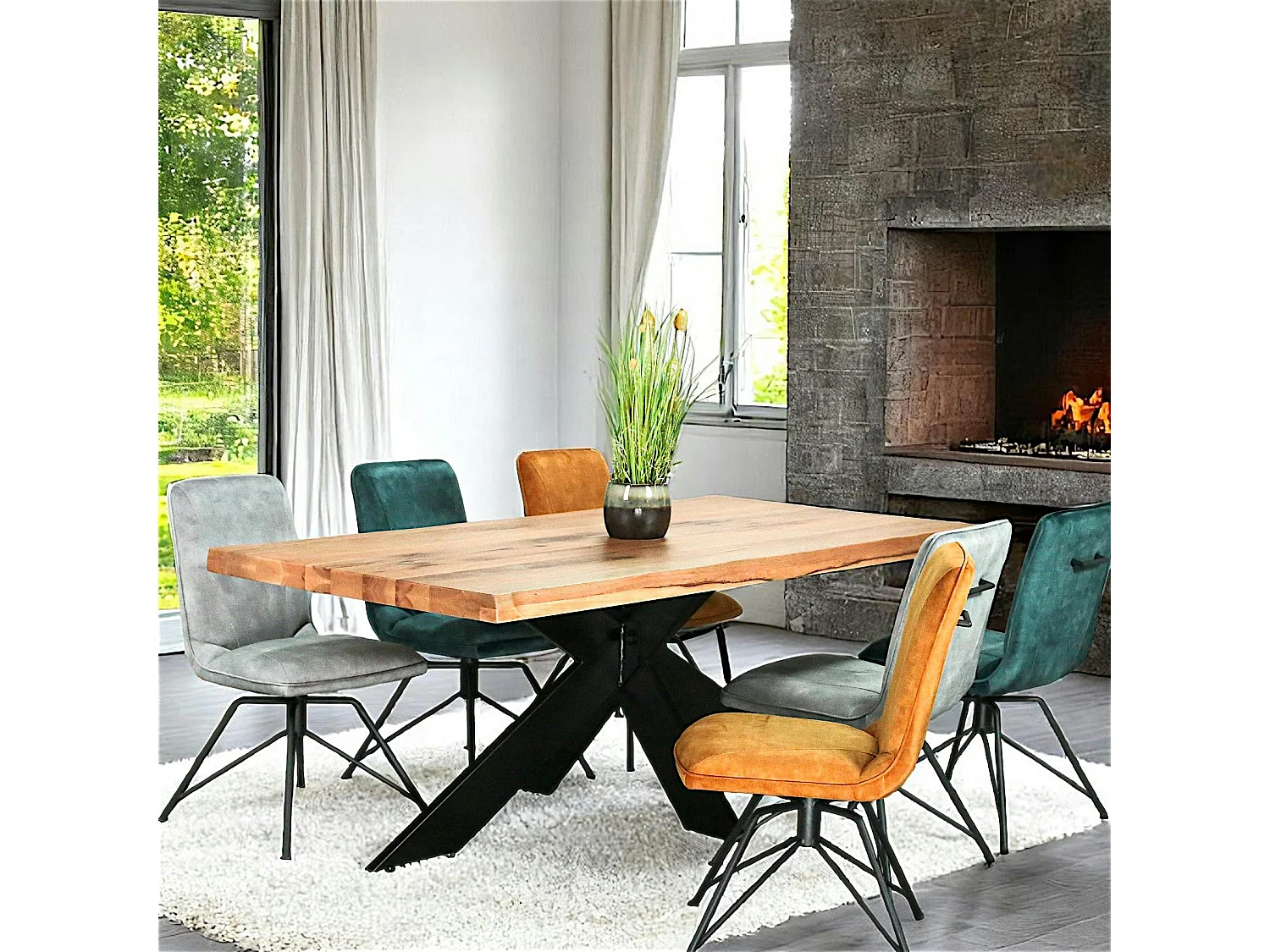 Table extensible chêne huilé bords naturels pied noir fin 220 cm PALERME