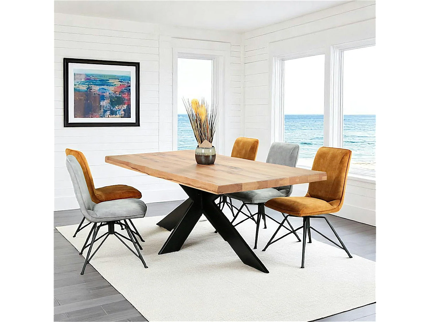 Table extensible chêne huilé bords naturels pied noir fin 220 cm PALERME