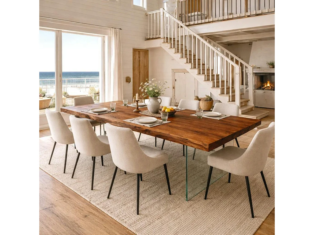 Table extensible chêne brun bords naturels pieds verre 220 cm PALERME