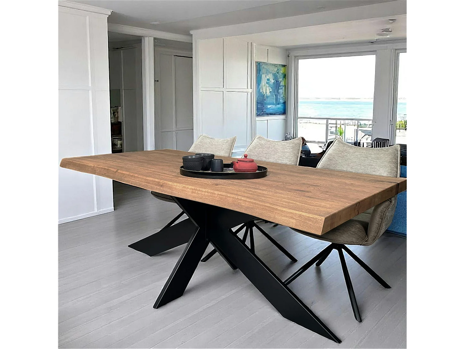Table extensible chêne brun bords naturels pied noir fin 220 cm PALERME
