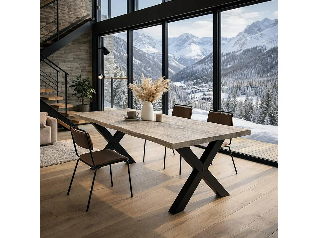 Table extensible chêne grisé bords naturels pieds en X 180 cm PALERME