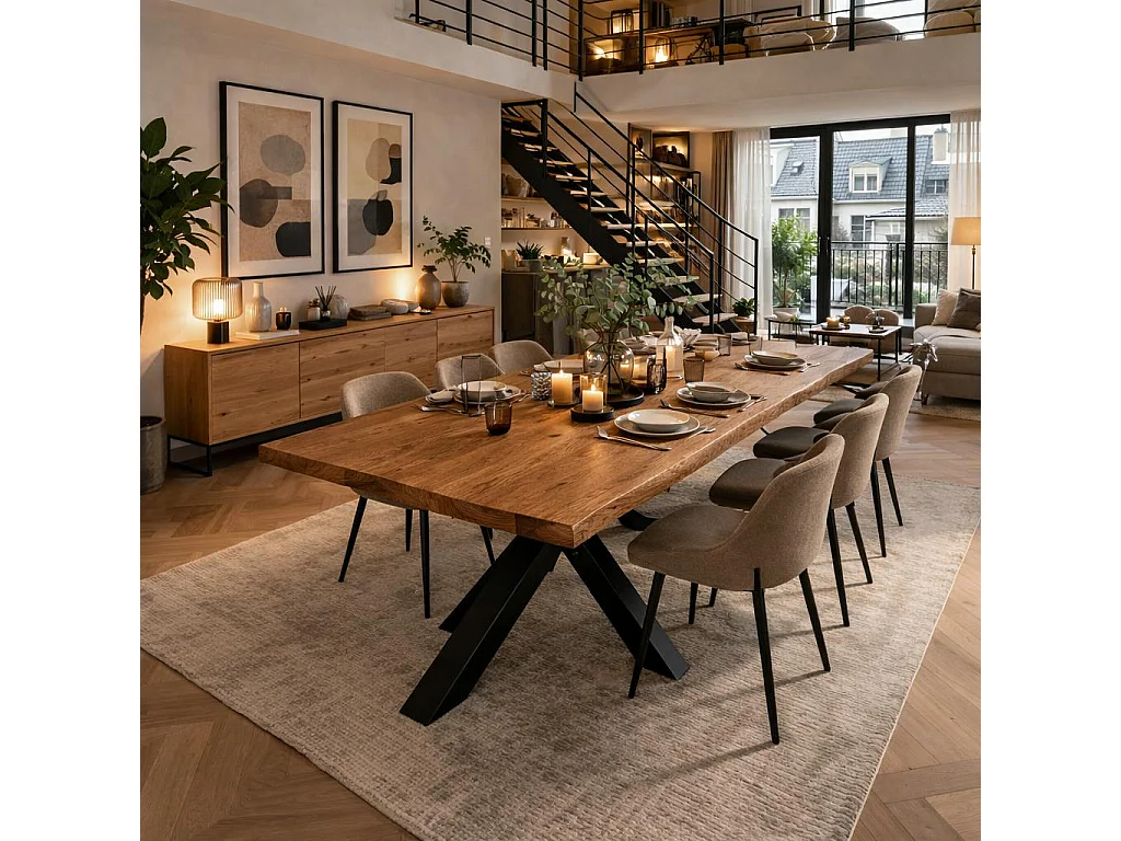 Table extensible chêne brun bords naturels pied noir 220 cm PALERME