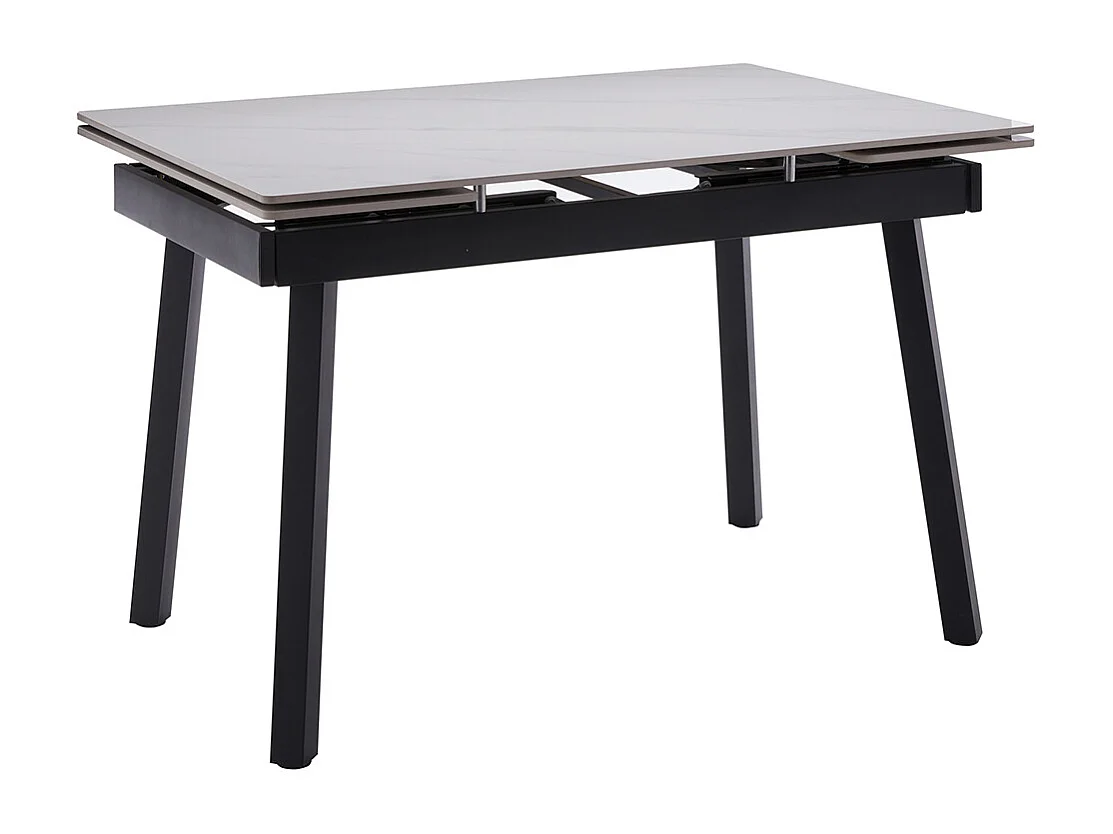 Table de salle à manger extensible avec plateau effet marbre blanc et pieds en métal noir - Longueur 120-180 x Profondeur 85 x Hauteur 77 cm
