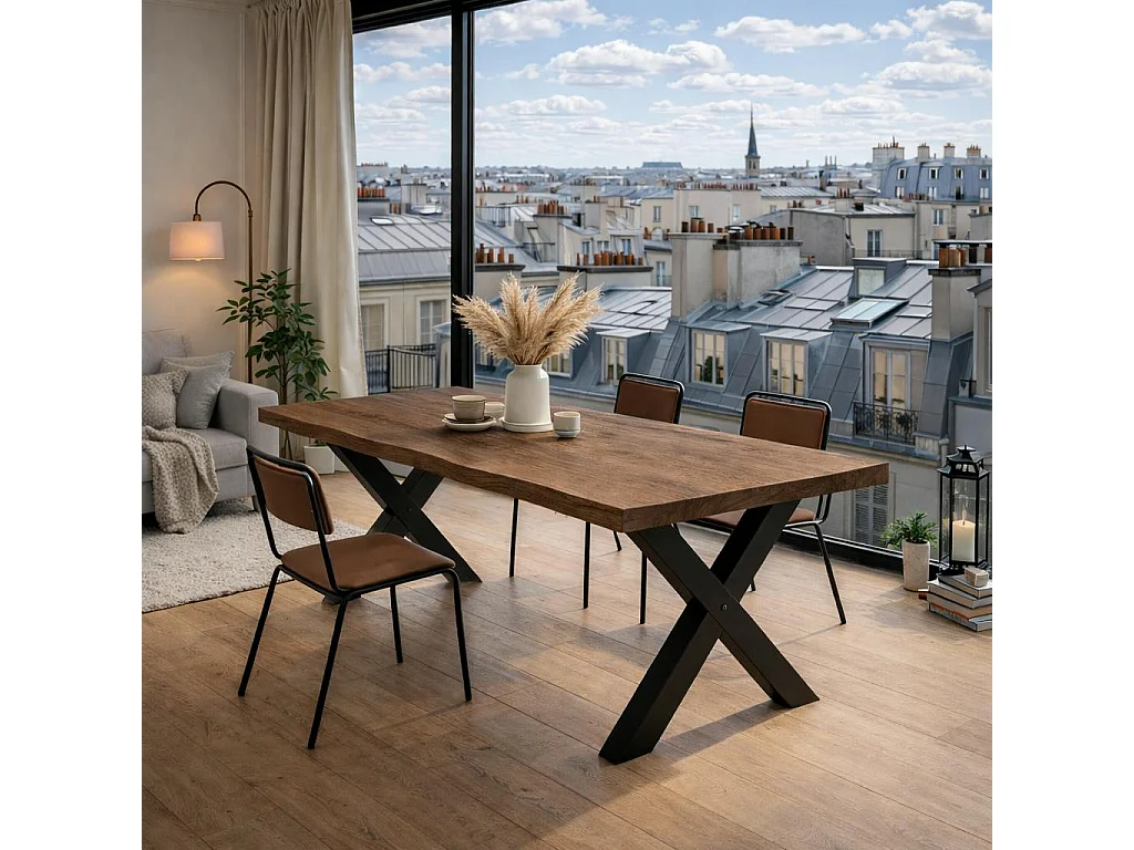 Table extensible chêne brun bords naturels pieds en X 180 cm PALERME
