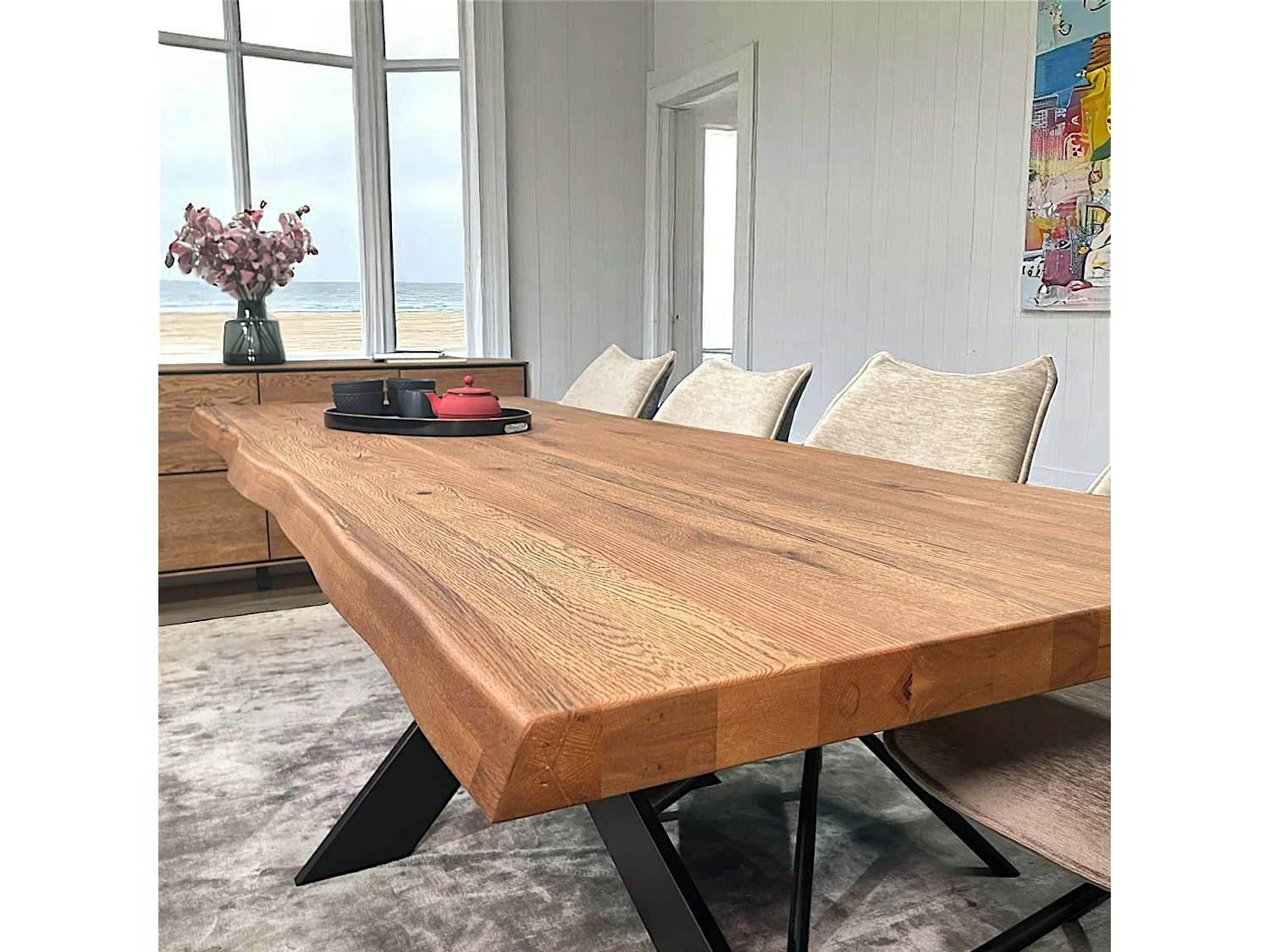 Table extensible chêne brun bords naturels pied noir fin 240 cm PALERME