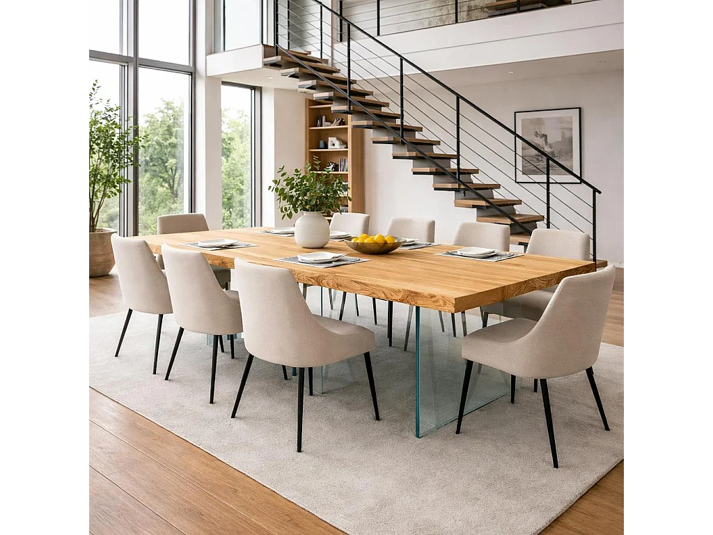 Table extensible chêne huilé bords naturels pieds verre 220 cm PALERME