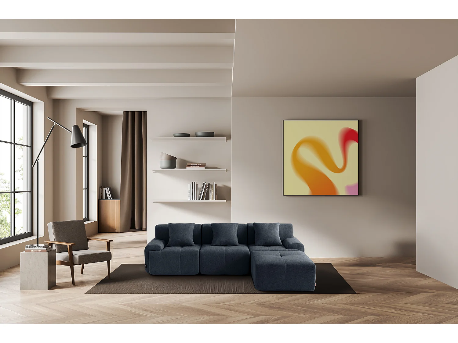 Canapé d'angle modulaire MILYSOFA SOFAMOUS 3 places avec méridienne Tissu chenille Bleu gris