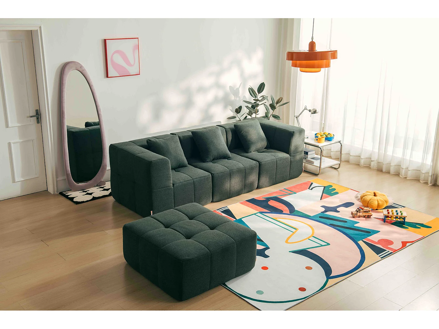 Canapé d'angle modulaire MILYSOFA SOFABULOUS 3 places avec méridienne Tissu fine bouclette Vert foret