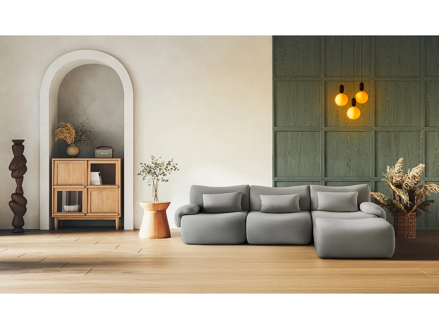 Canapé d'angle modulaire MILYSOFA SOFATIME 3 places avec méridienne tissu fine bouclette Gris nuage