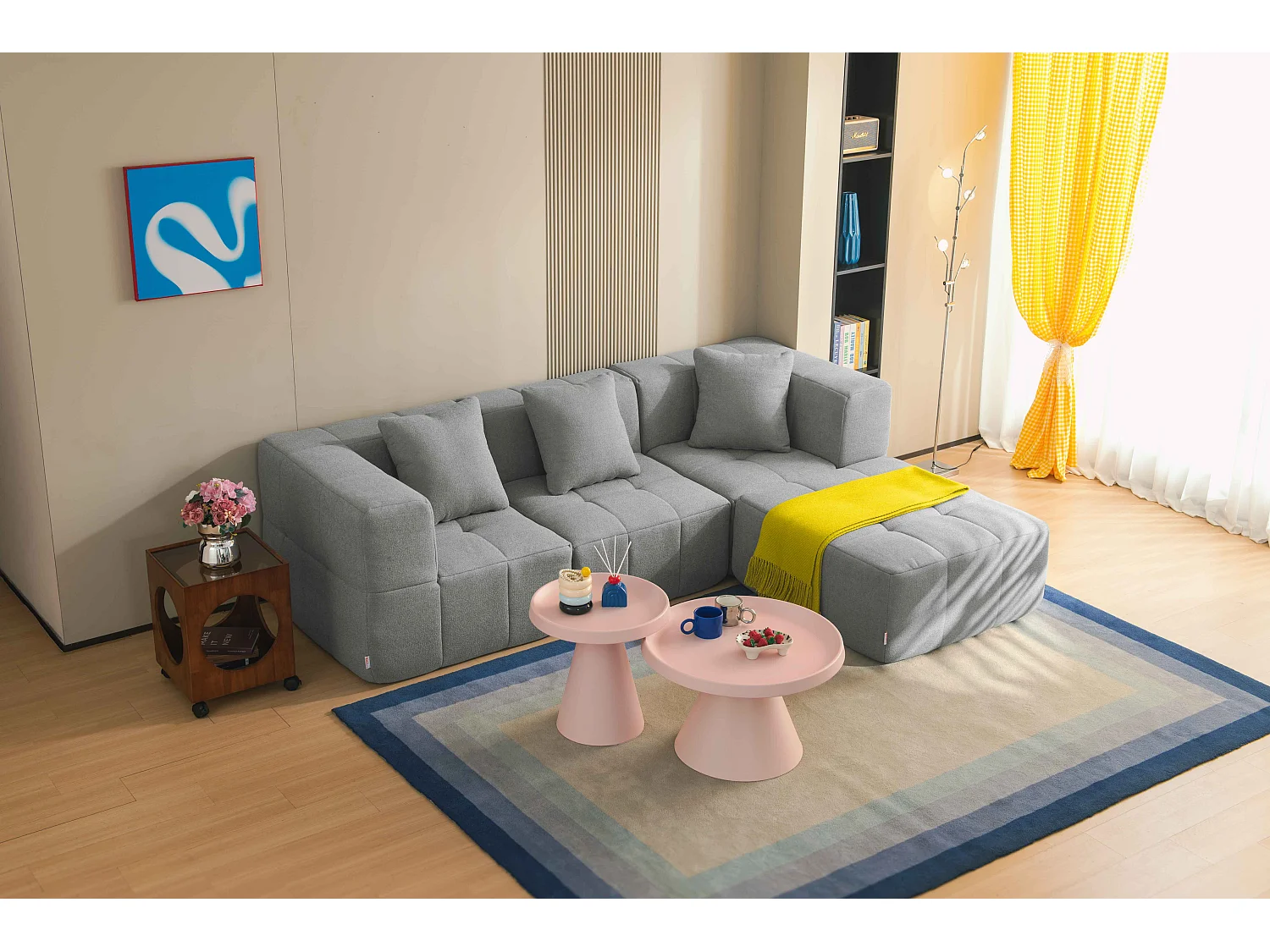 Canapé d'angle modulaire MILYSOFA SOFABULOUS 3 places avec méridienne Tissu fine bouclette Gris nuage