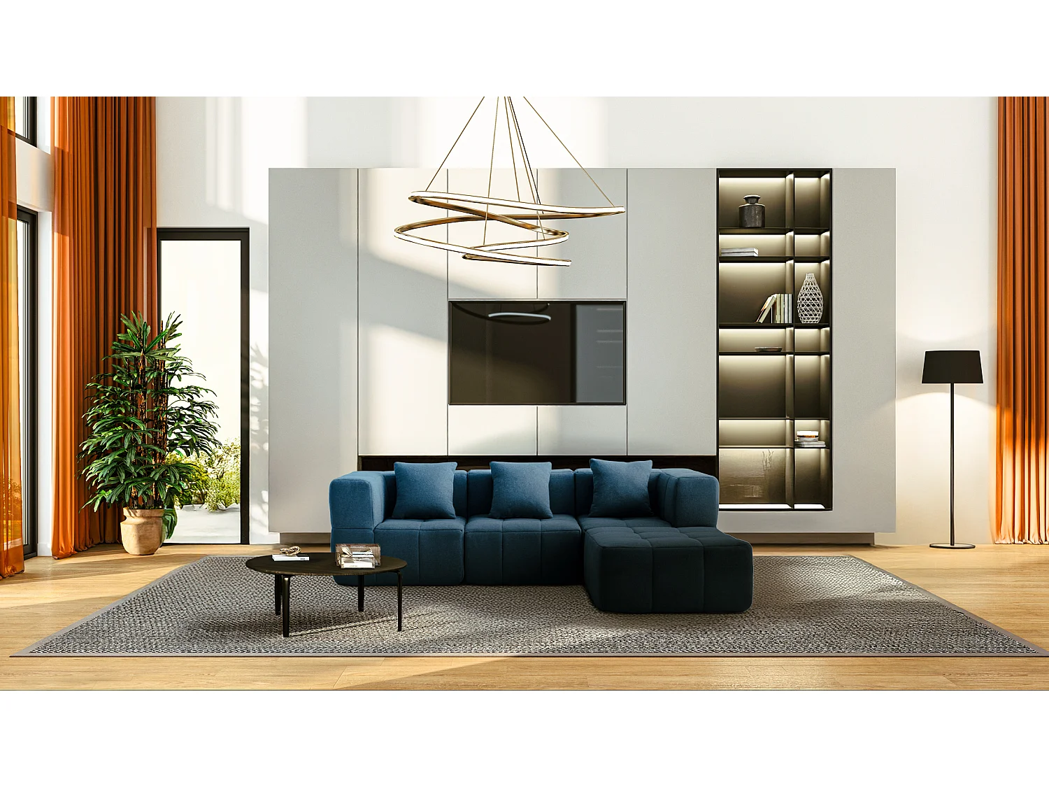 Canapé d'angle modulaire MILYSOFA SOFABULOUS 3 places avec méridienne Tissu fine bouclette Bleu profond