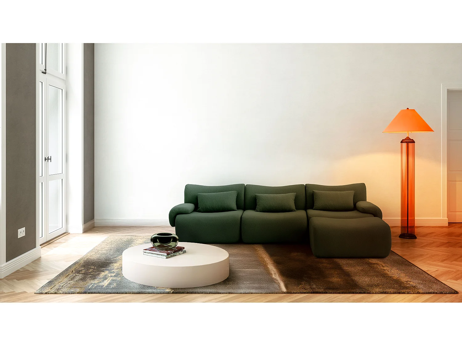 Canapé d'angle modulaire MILYSOFA SOFATIME 3 places avec méridienne tissu fine bouclette Vert foret