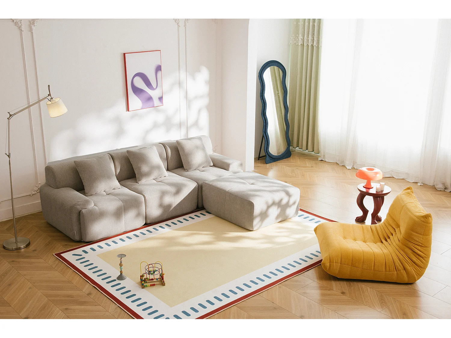 Canapé d'angle modulaire MILYSOFA SOFAMOUS 3 places avec méridienne Tissu chenille Beige sable