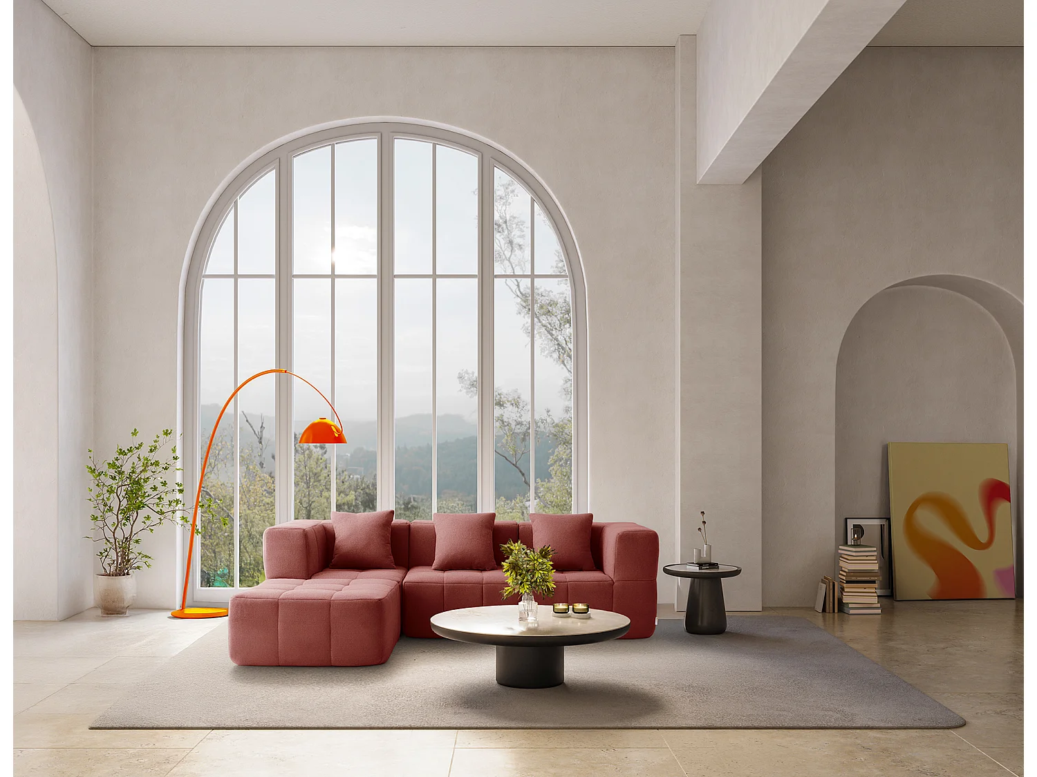 Canapé d'angle modulaire MILYSOFA SOFABULOUS 3 places avec méridienne Tissu fine bouclette Rouge terracotta