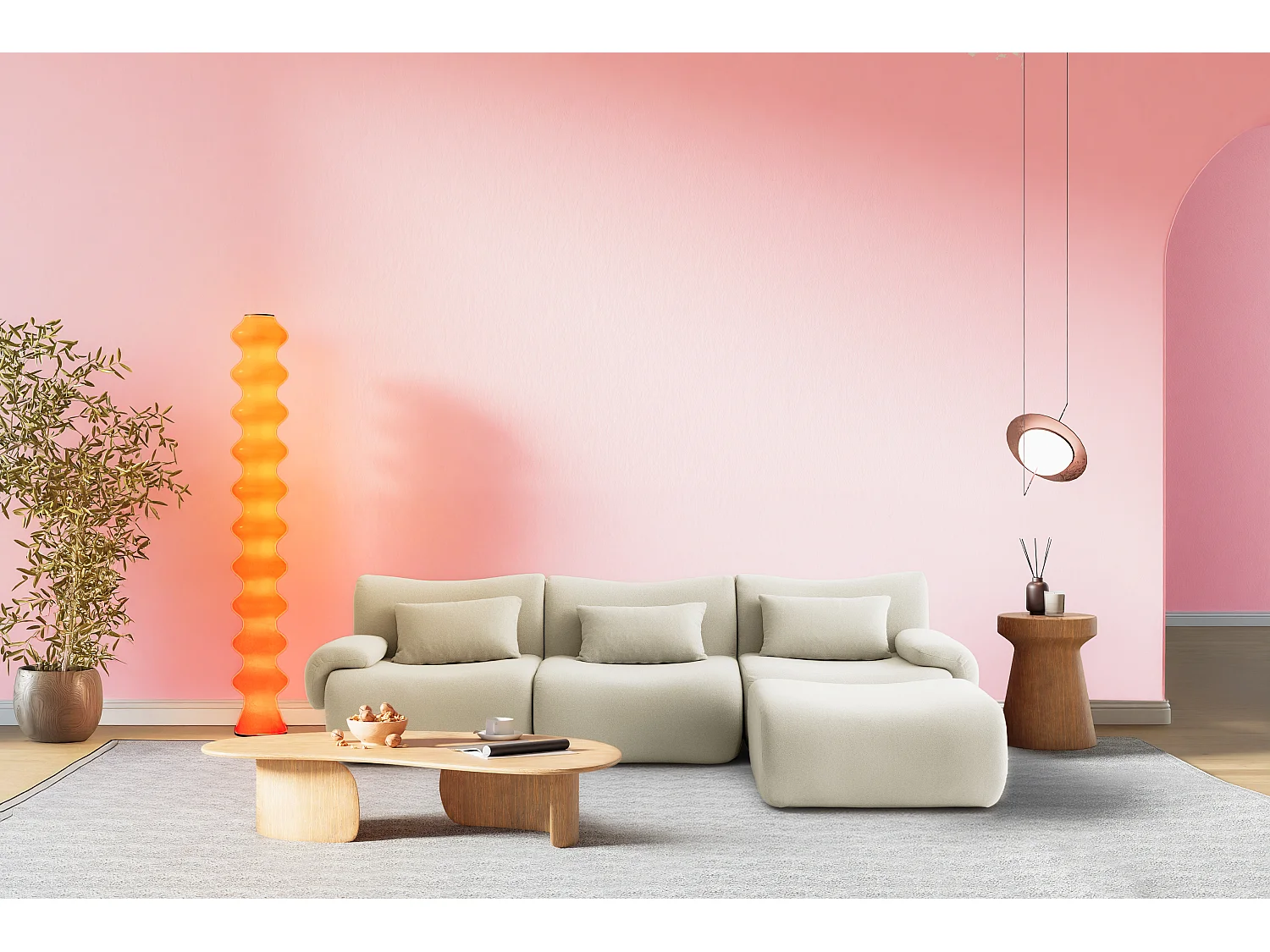 Canapé d'angle modulaire MILYSOFA SOFATIME 3 places avec méridienne tissu fine bouclette Beige crème