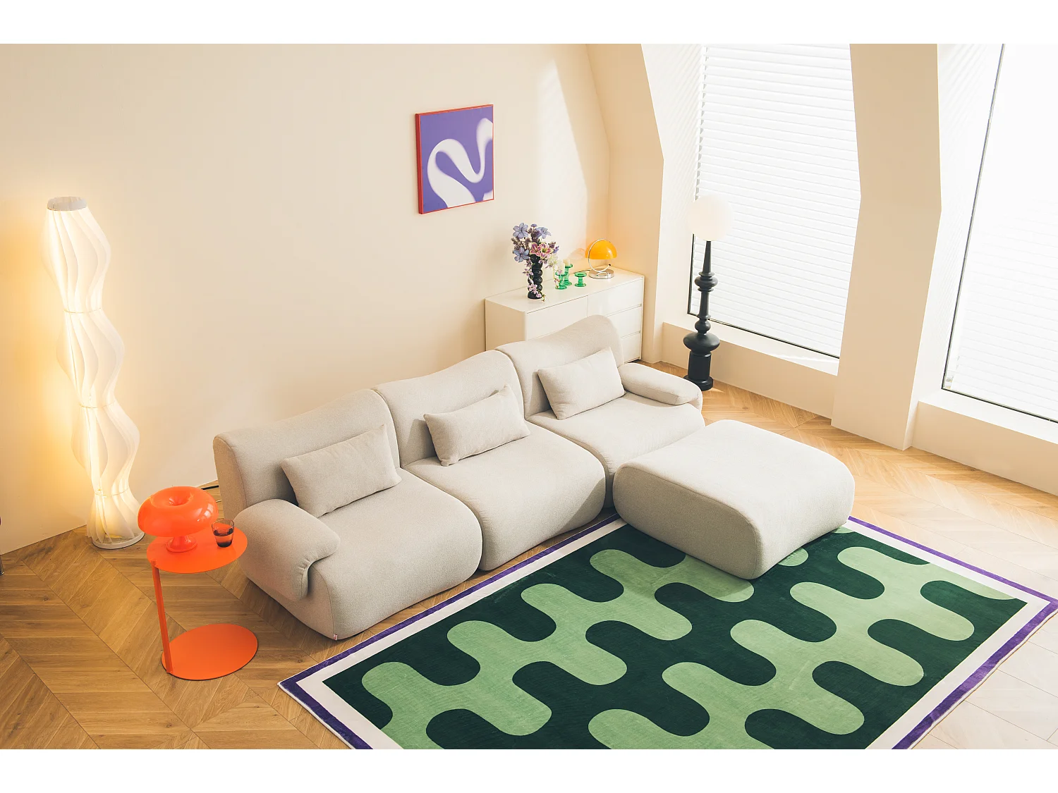 Canapé d'angle modulaire MILYSOFA SOFATIME 3 places avec méridienne Tissu fine bouclette Beige pierre