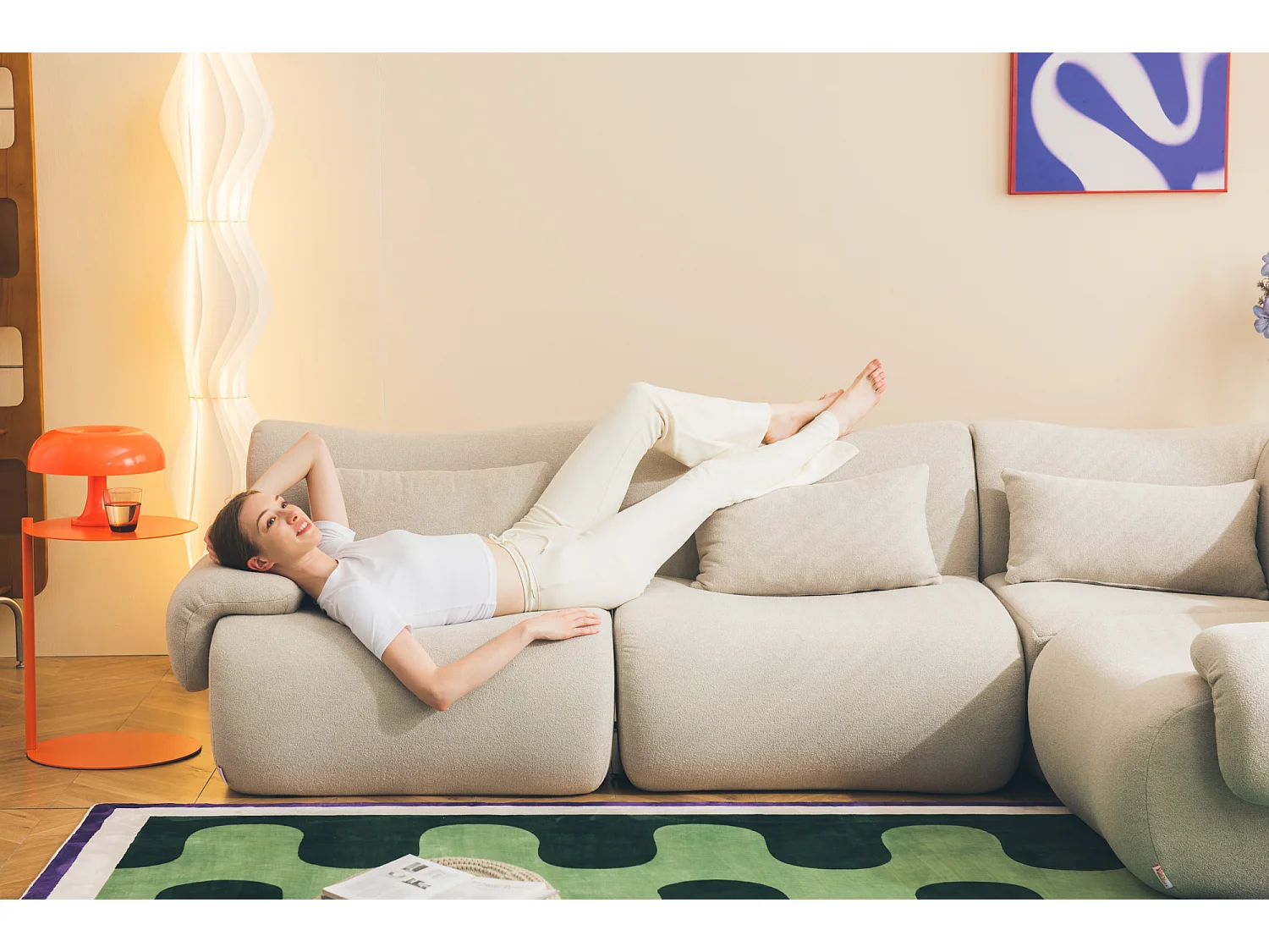 Canapé d'angle modulaire MILYSOFA SOFATIME 3 places avec méridienne Tissu fine bouclette Beige pierre